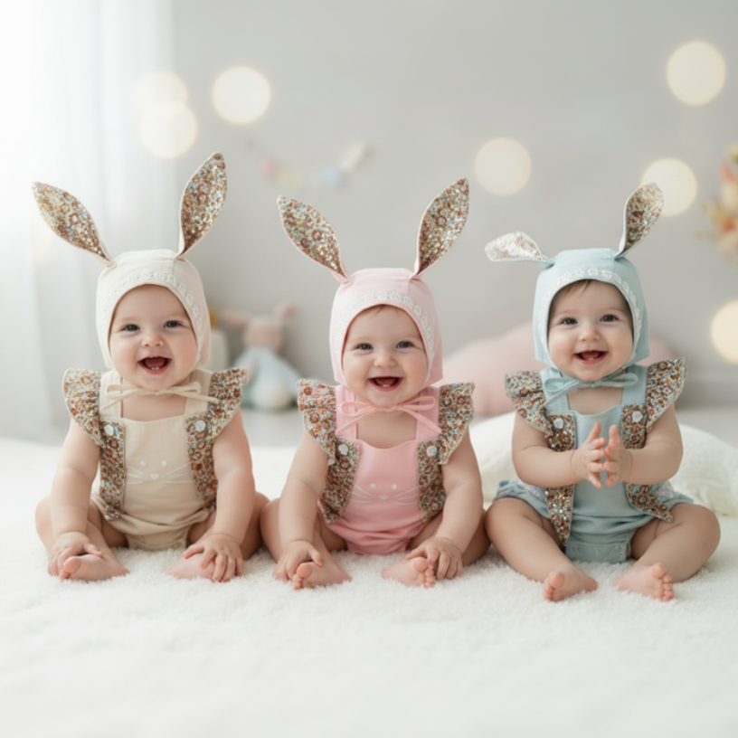 Baby Bunny Romper Set with Bonnet – Soft Pink