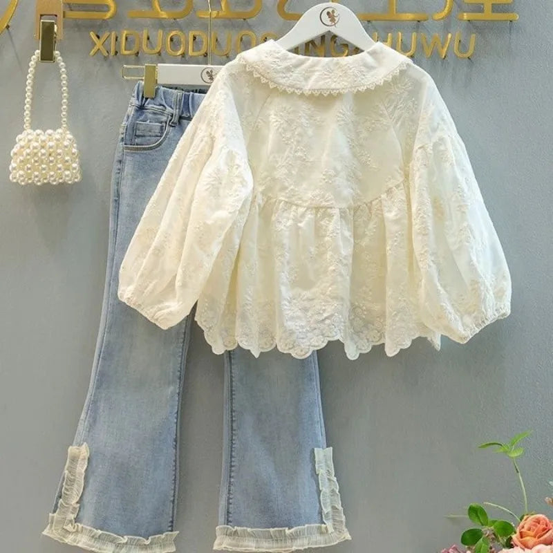 Lace Top & Ruffle Flare Jeans Set