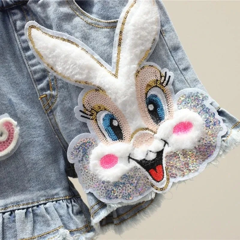 Shorts vaqueros con volantes y diseño de conejito brillante