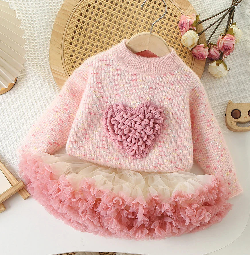 Love Heart Outfit for Girls – Knitted Top Tulle Skirt – Magic