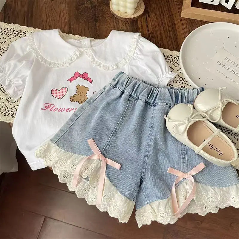 Shorts vaqueros con lazo de encaje dulce