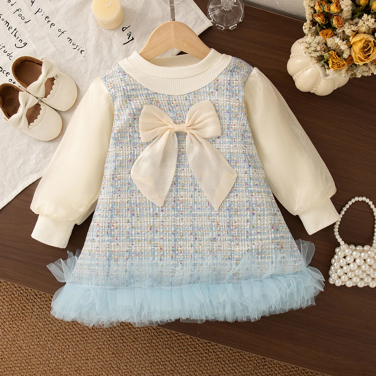 Baby Girl Tweed Dress with Bow and Tulle Hem