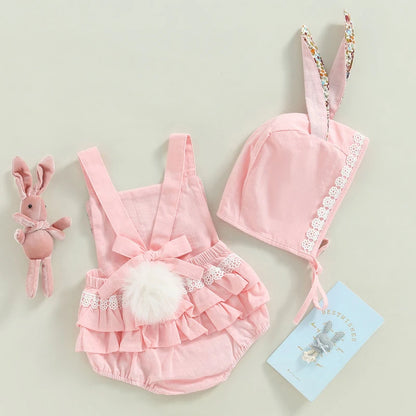 Baby Bunny Romper Set with Bonnet – Soft Pink