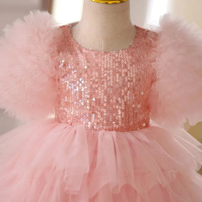 Rosa Tüll-Partykleid im Prinzessinnen-Stil mit Pailletten 