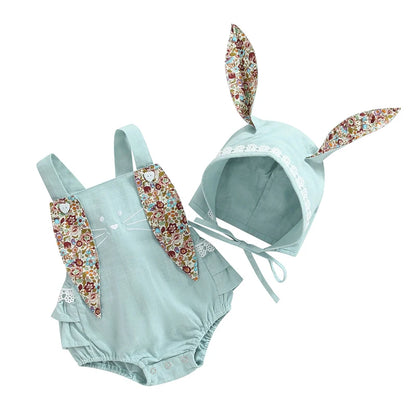 Baby Bunny Romper Set with Bonnet – Soft Blue
