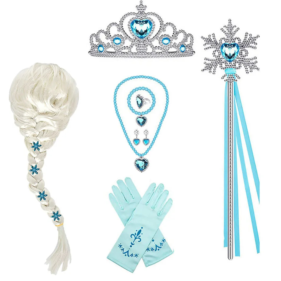 Eiskönigin-Prinzessin-Accessoire-Set – Perücke, Krone, Zauberstab und Handschuhe