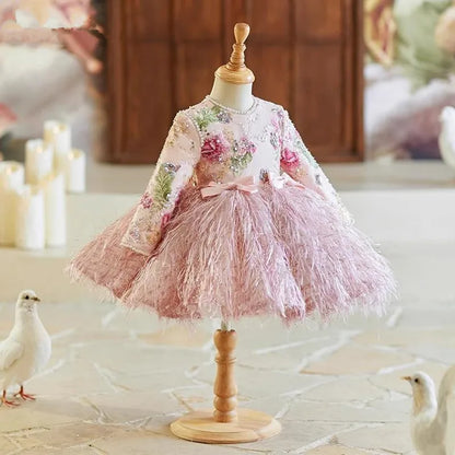 Deluxe Pink Feather & Floral Embroidered Dress