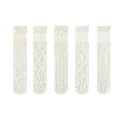 Lolita Textured Knee-High Socks Set – 5 Pairs of Romantic Elegance for Girls