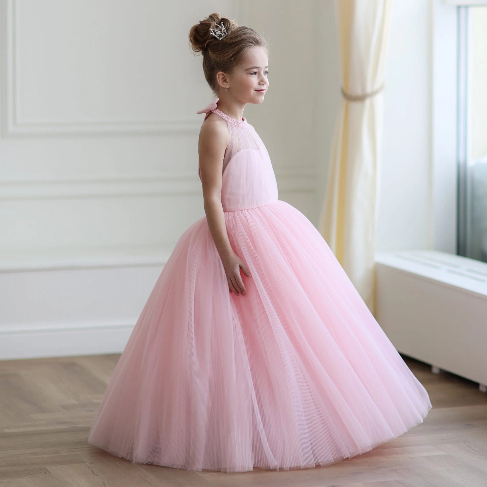 Vestido largo de tul princesa rosa para niñas