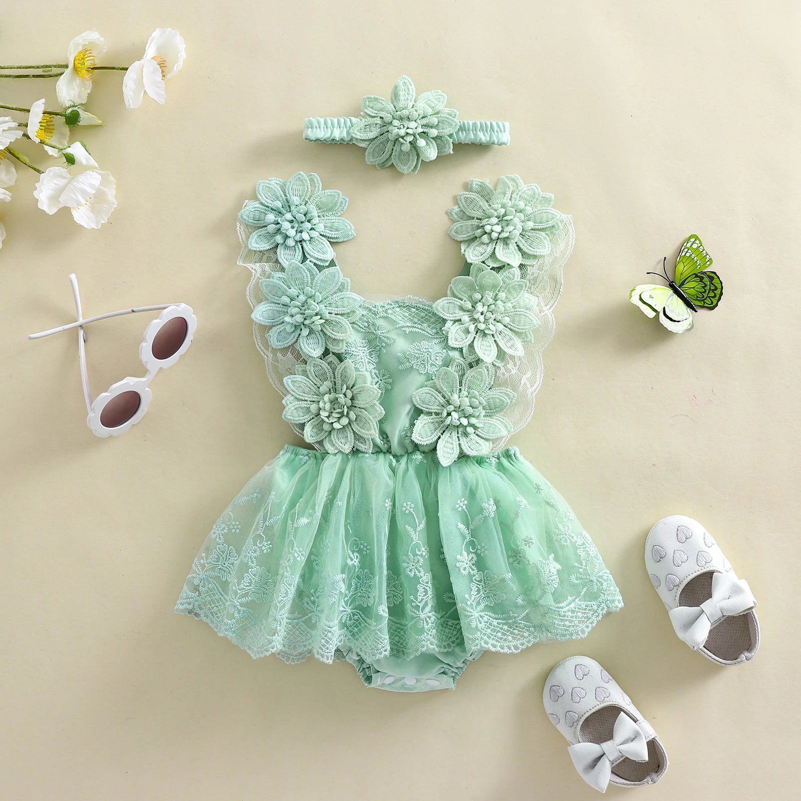 Conjunto de mameluco para bebé con encaje de flores 3D