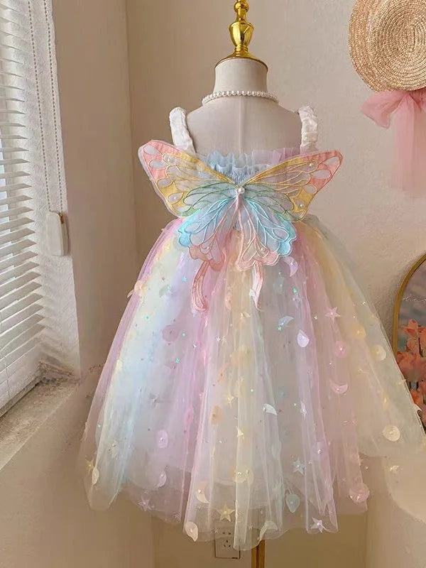 Girls’ Rainbow Princess Dress with Butterfly Wings