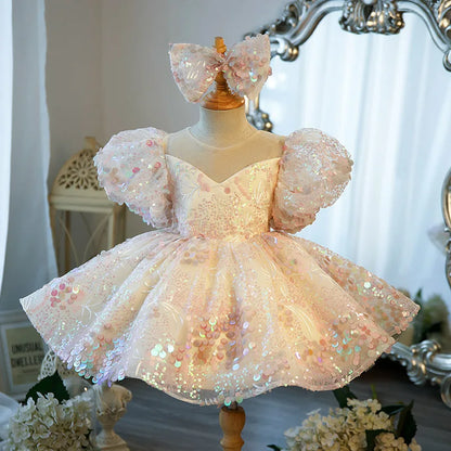 Girls Sparkly Sequin Princess Dress with Bow