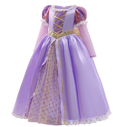 Langärmliges Märchenprinzessinnenkleid – Flieder &amp; Gold