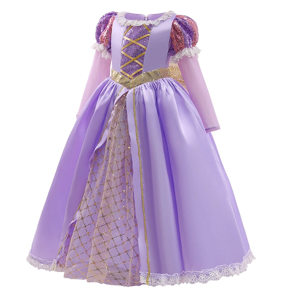 Langärmliges Märchenprinzessinnenkleid – Flieder &amp; Gold