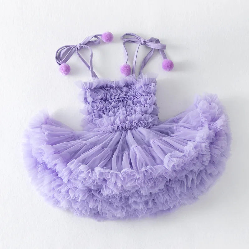 Pink & Purple Ruffle Pompom Tutu Dress