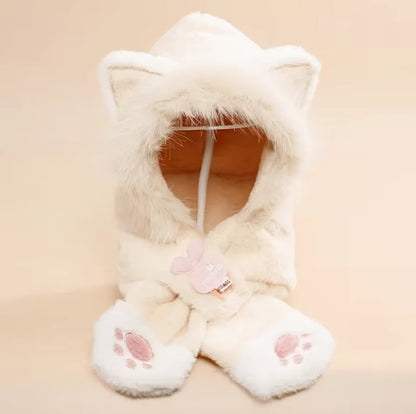 Sciarpa con cappuccio in peluche beige per bambini
