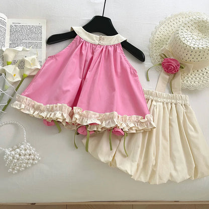 Pink Floral Appliqué Girls Set