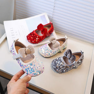 Velvet Bow Sequin Mary Jane Shoes