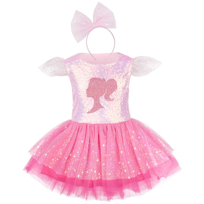 Rosa Glamour-Puppenkleid für Mädchen mit Schleifen-Tiara