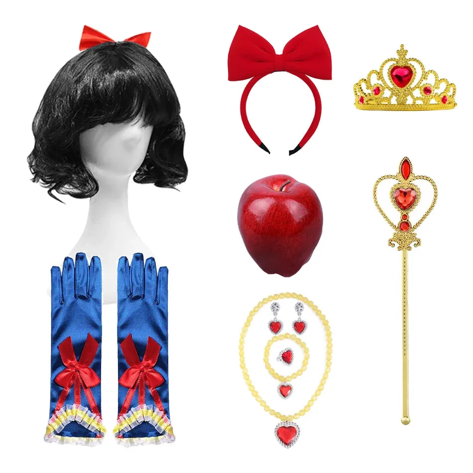 Waldprinzessin-Accessoire-Set – Kurze Perücke, rote Schleife, Krone und Handschuhe