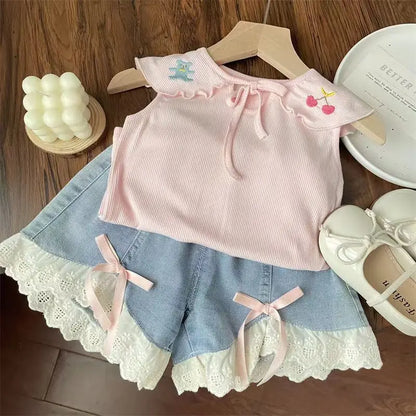 Shorts vaqueros con lazo de encaje dulce