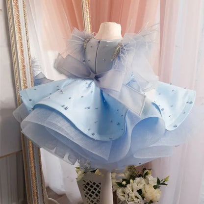Traumprinzessin Blaues Mädchenkleid mit Perlen und Tüll 
