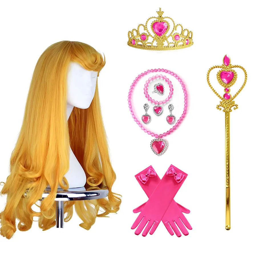 Schlafende Prinzessin Zubehörset – Lange blonde Perücke, Krone, Zauberstab und Handschuhe