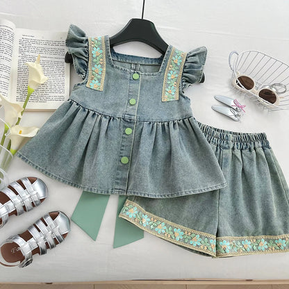 Completo per bambine con fiocco verde in denim floreale