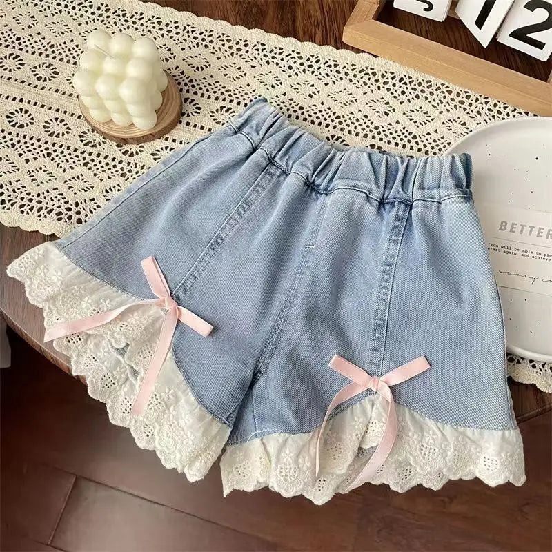 Shorts vaqueros con lazo de encaje dulce