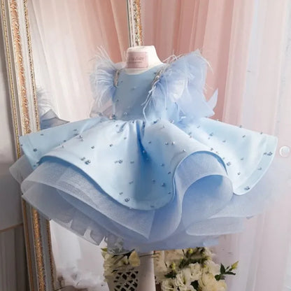 Traumprinzessin Blaues Mädchenkleid mit Perlen und Tüll 