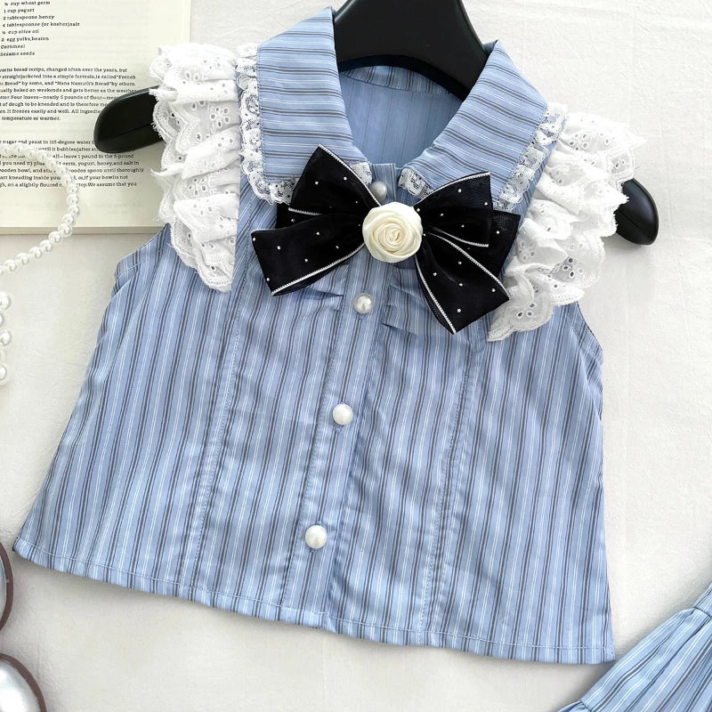 Bluebell Bow Girls Striped Skirt Set