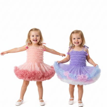 Rainbow Ruffle Pompom Tutu Dress