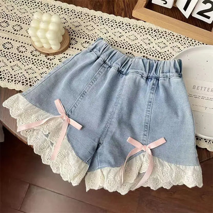 Shorts vaqueros con lazo de encaje dulce