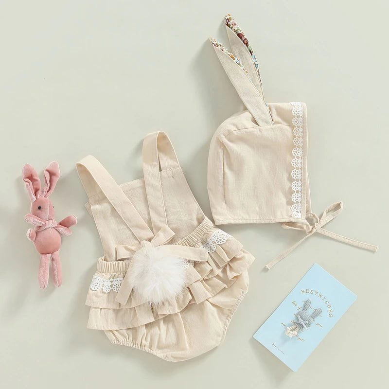 Baby Bunny Romper Set with Bonnet – Soft Beige