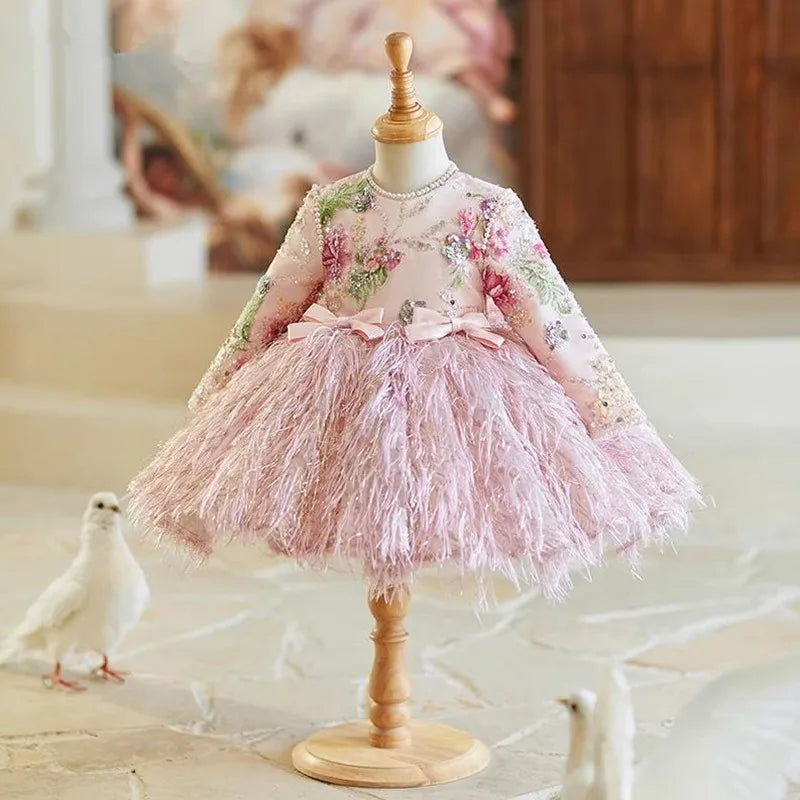 Deluxe Pink Feather & Floral Embroidered Dress