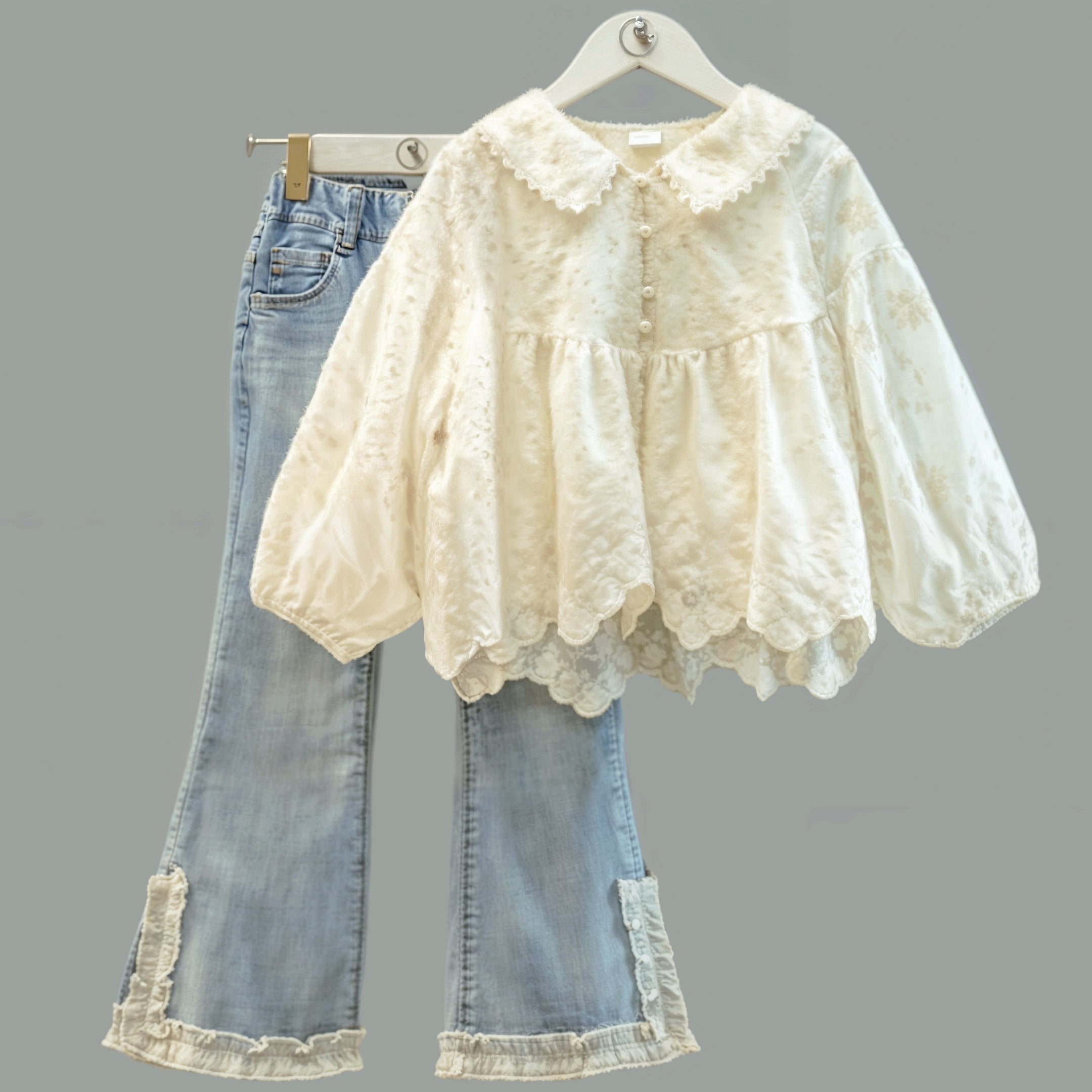 Lace Top & Ruffle Flare Jeans Set