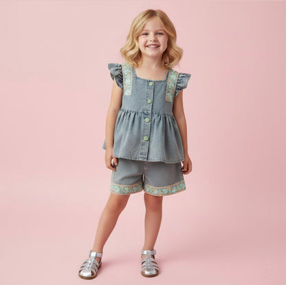 Completo per bambine con fiocco verde in denim floreale