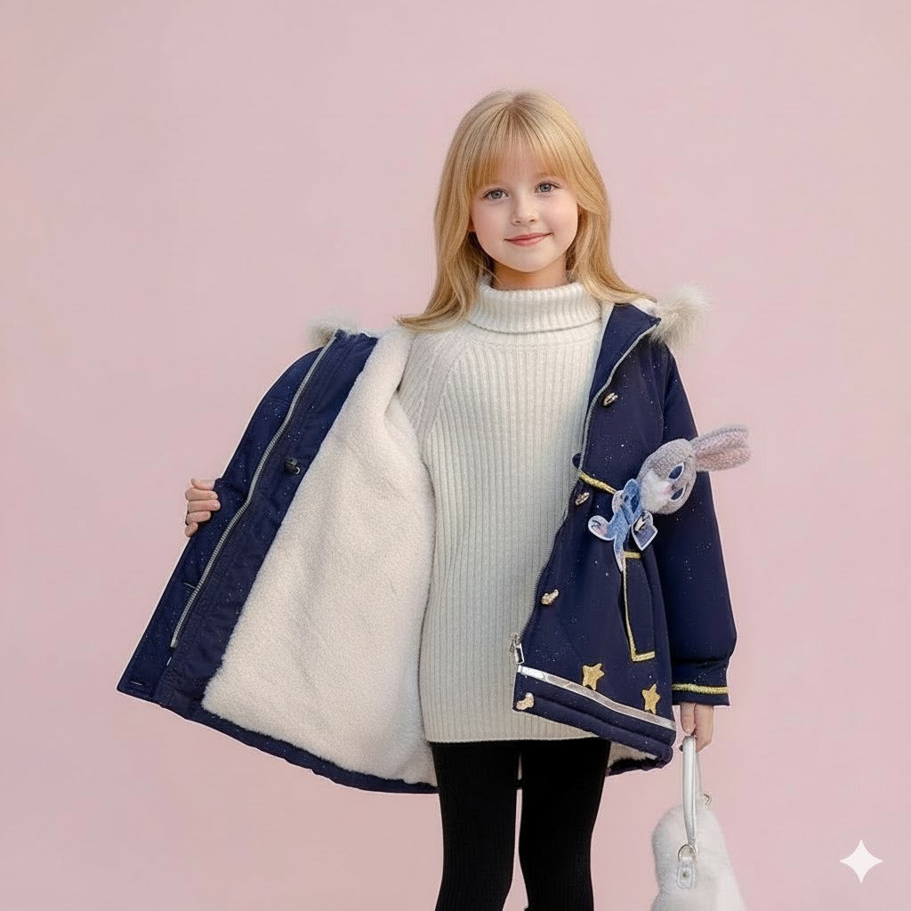 Cappotto invernale con cappuccio a forma di coniglietto per bambine e fodera in pelliccia sintetica