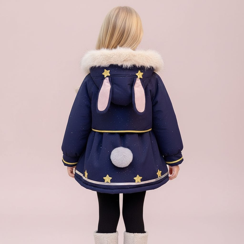 Cappotto invernale con cappuccio a forma di coniglietto per bambine e fodera in pelliccia sintetica