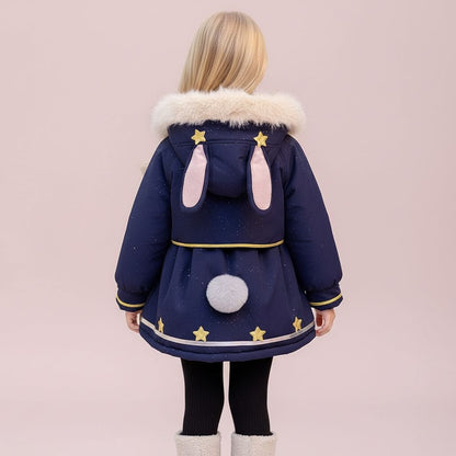Cappotto invernale con cappuccio a forma di coniglietto per bambine e fodera in pelliccia sintetica