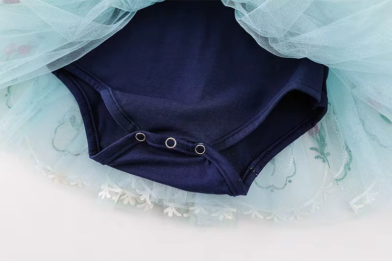 Girls' snow queen style ballet tutu dress with shimmer bodice and full puffy skirt, side view
