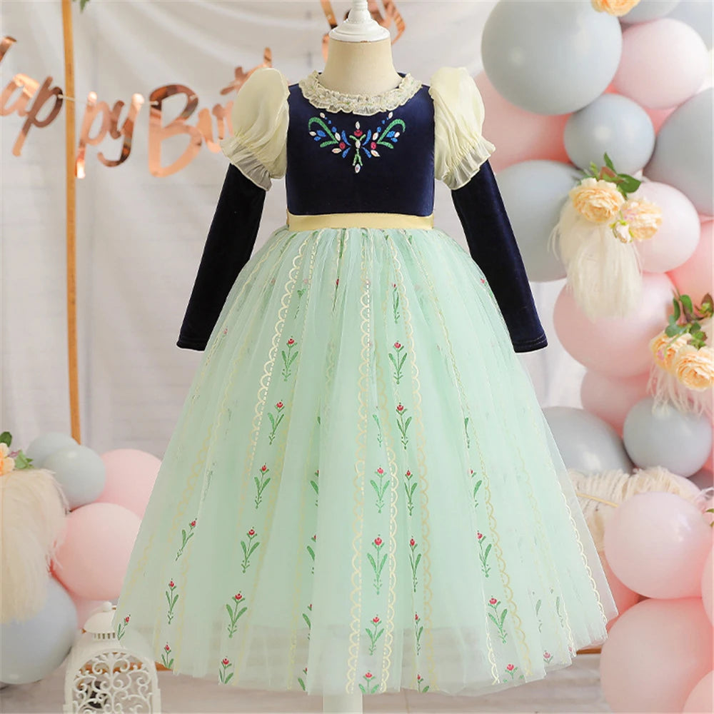 Autumn Princess blue and green gown costume for girls, front view – Magic Tree Kids