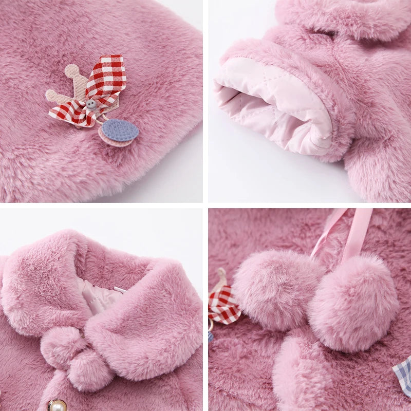 Close-up details of the baby faux fur coat: bow appliqué, plush sleeve lining, collar and pom-poms