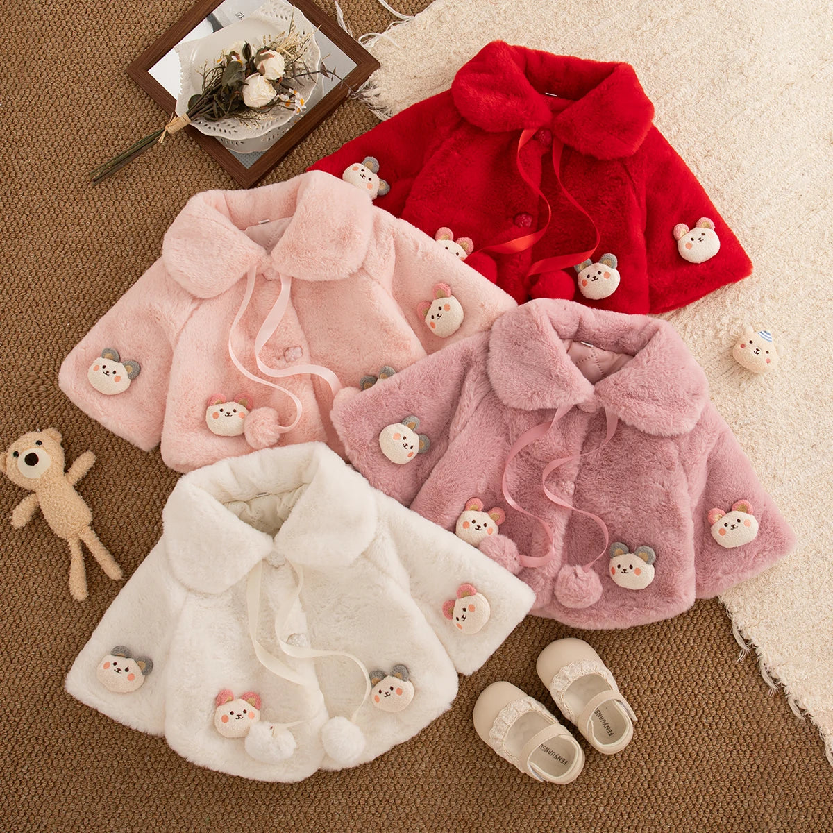 Baby girl faux fur cape coats with teddy bear appliqués in red, blush pink, dusty rose and ivory
