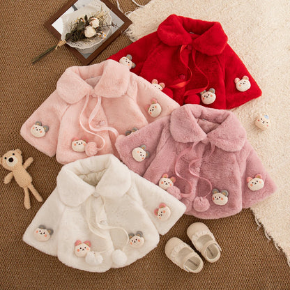 Baby girl faux fur cape coats with teddy bear appliqués in red, blush pink, dusty rose and ivory