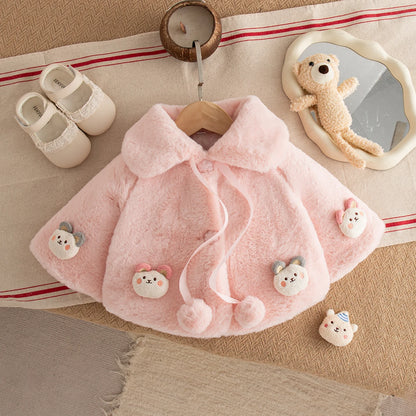 Blush pink baby girl faux fur cape with teddy bear appliqués and pom-pom ribbon tie