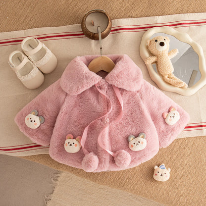 Dusty rose baby girl faux fur cape with teddy bear appliqués and pom-poms