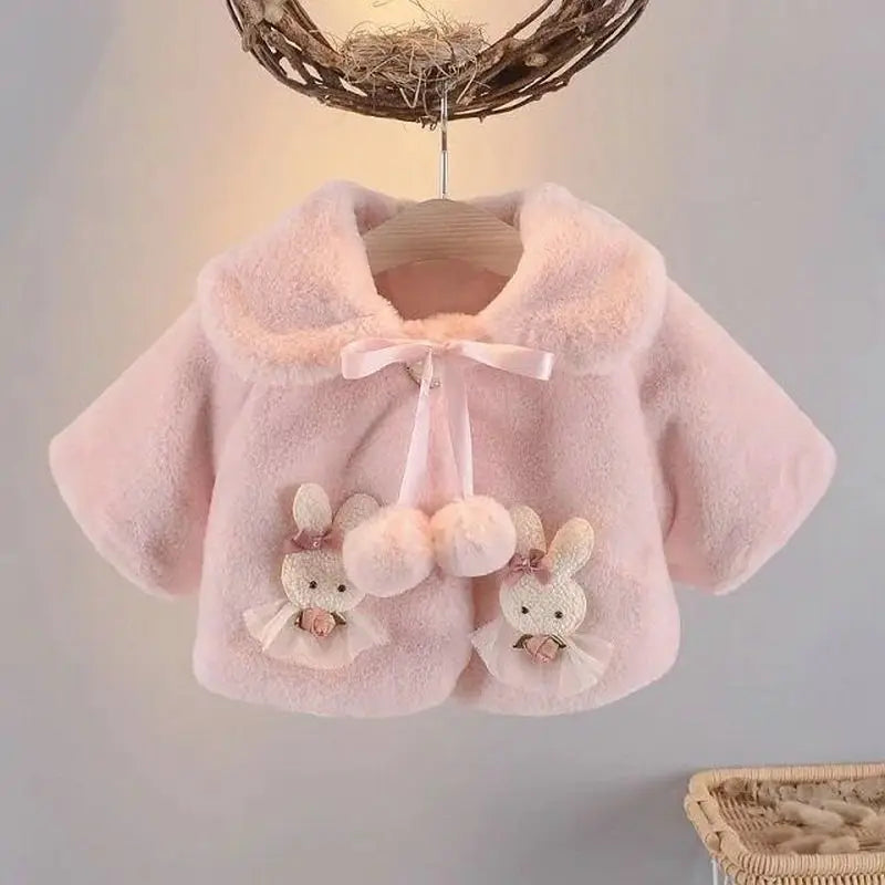 Blush pink baby girl faux fur coat with bunny appliqués and pom-pom ribbon bow, front view