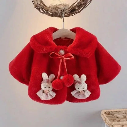 Red baby girl faux fur coat with bunny appliqués, a Christmas coat for babies and toddlers