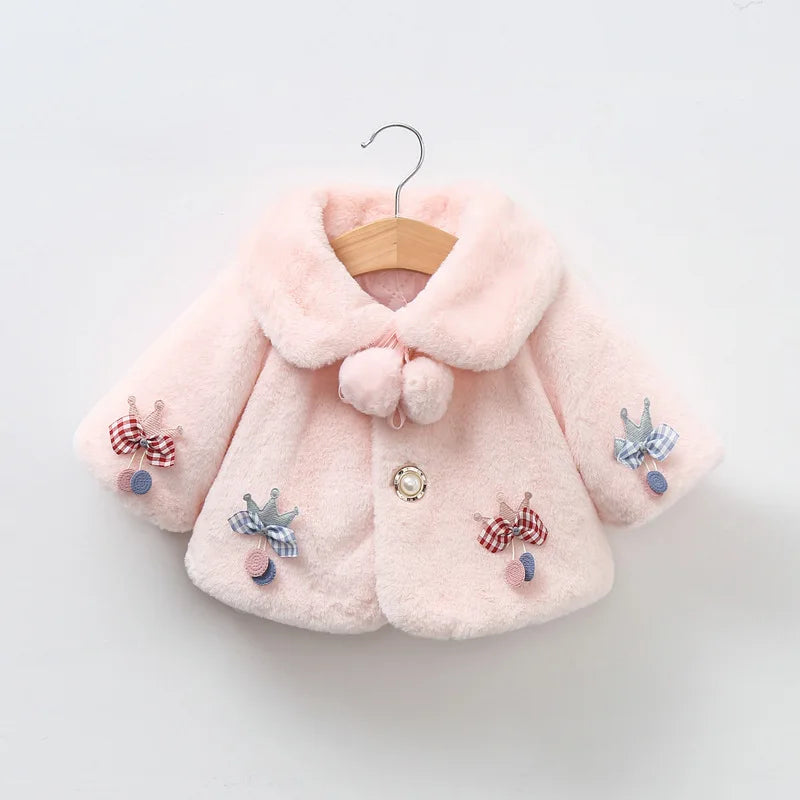 Blush pink plush faux fur coat for baby girls with pom-pom tie collar